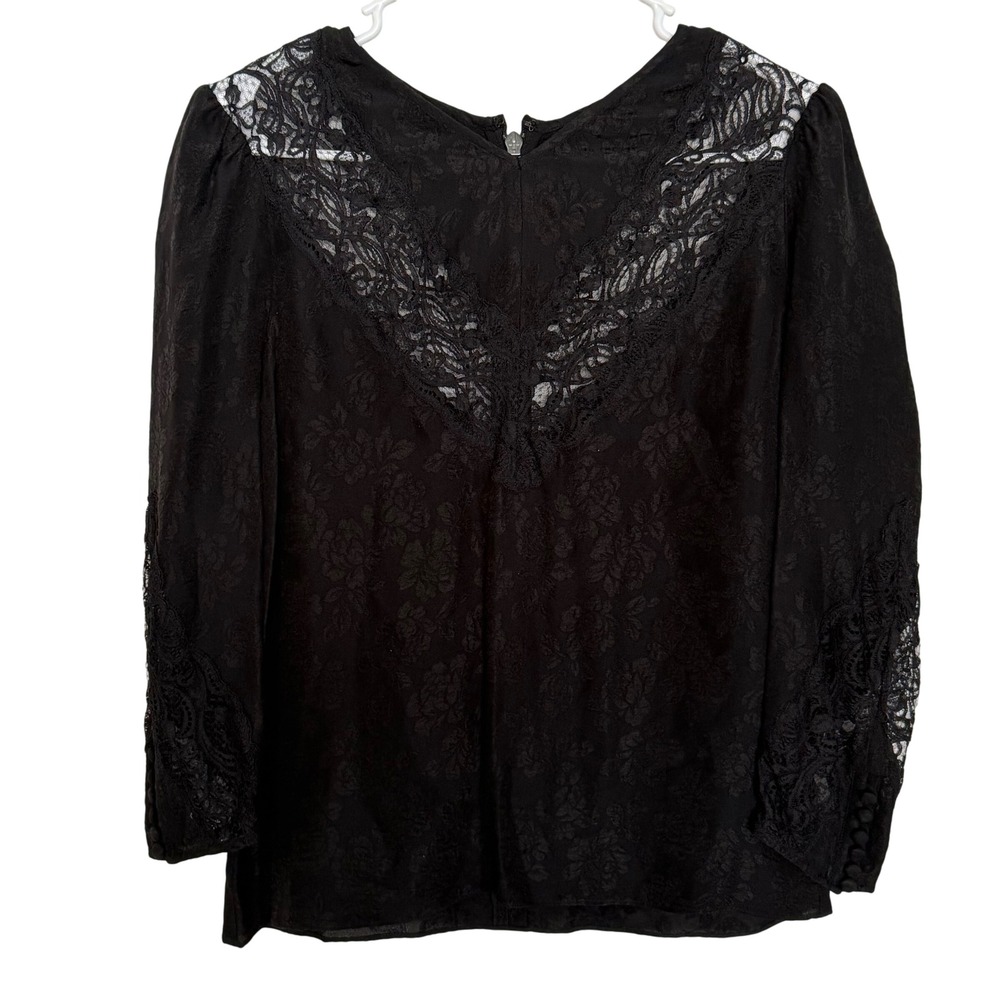 Rebecca Taylor Black Lace Floral Jacquard Zipper Back Blouse Size 2 Whimsigoth